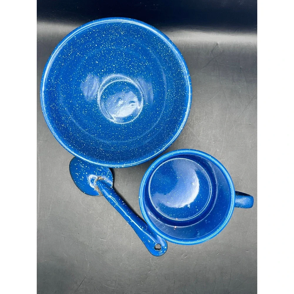 VTG Blue Granite Cup And Bowl‎ Set Primitive, Farmhouse, Rustic, Camping